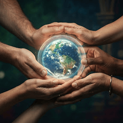 Hands cradling the globe, symbolizing global partnership in prayer